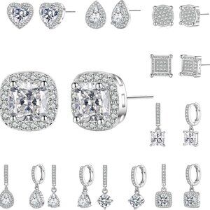 Buy 1 Get 10 Silver Sterling Cubic Zirconia Stud Earrings Set for Men Women - Hy